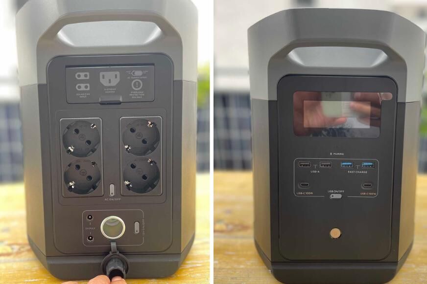 Die Anschlüsse des EcoFlow Delta 2 Max Speichers sind in der Nahaufnahme zu sehen.